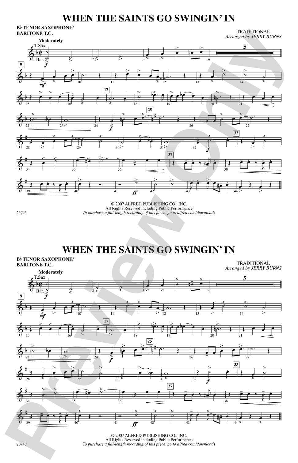 When the Saints Go Swingin' In: Bb Tenor Saxophone/Bartione Treble Clef