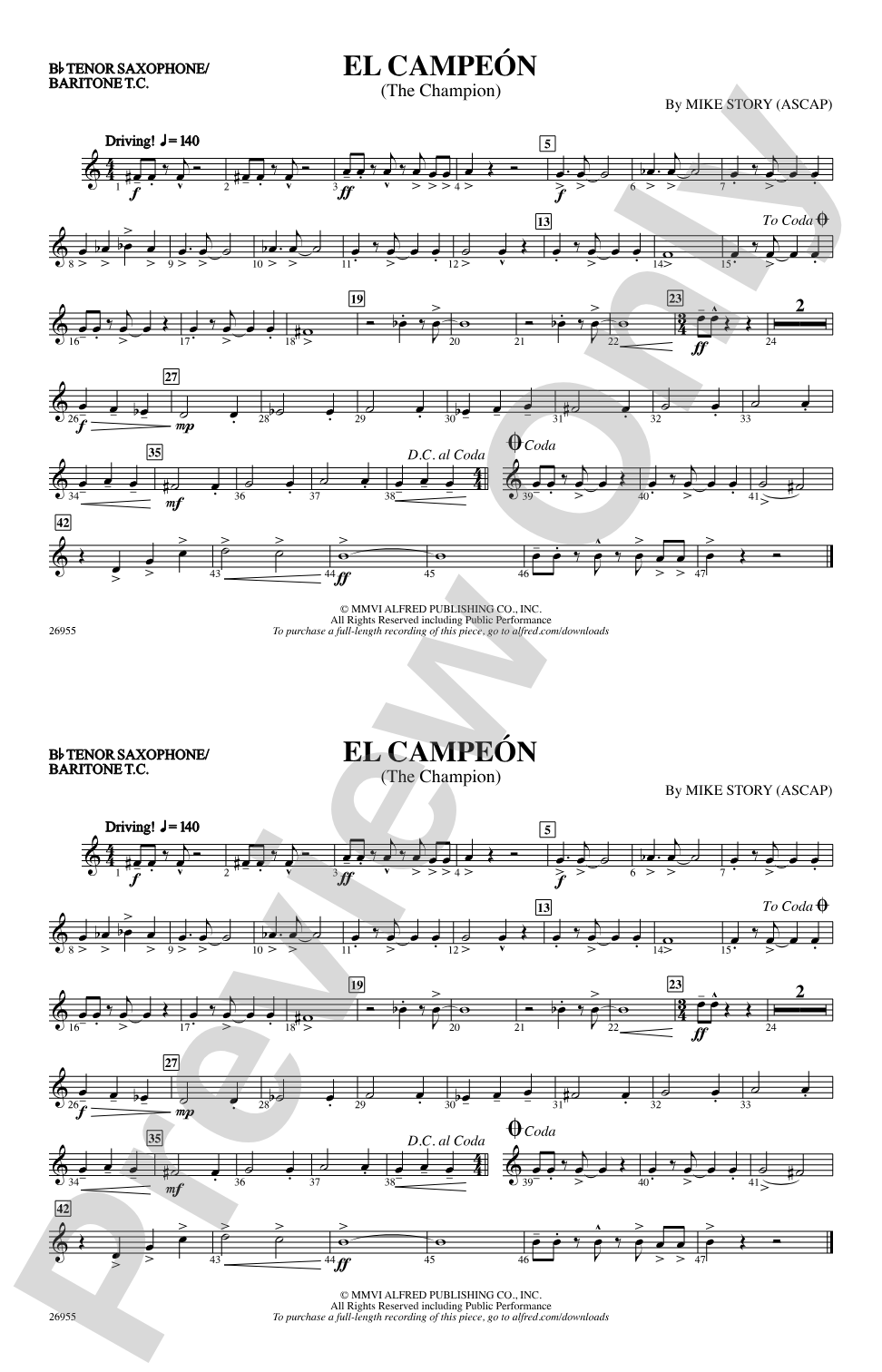 El Campeón: Bb Tenor Saxophone/Bartione Treble Clef