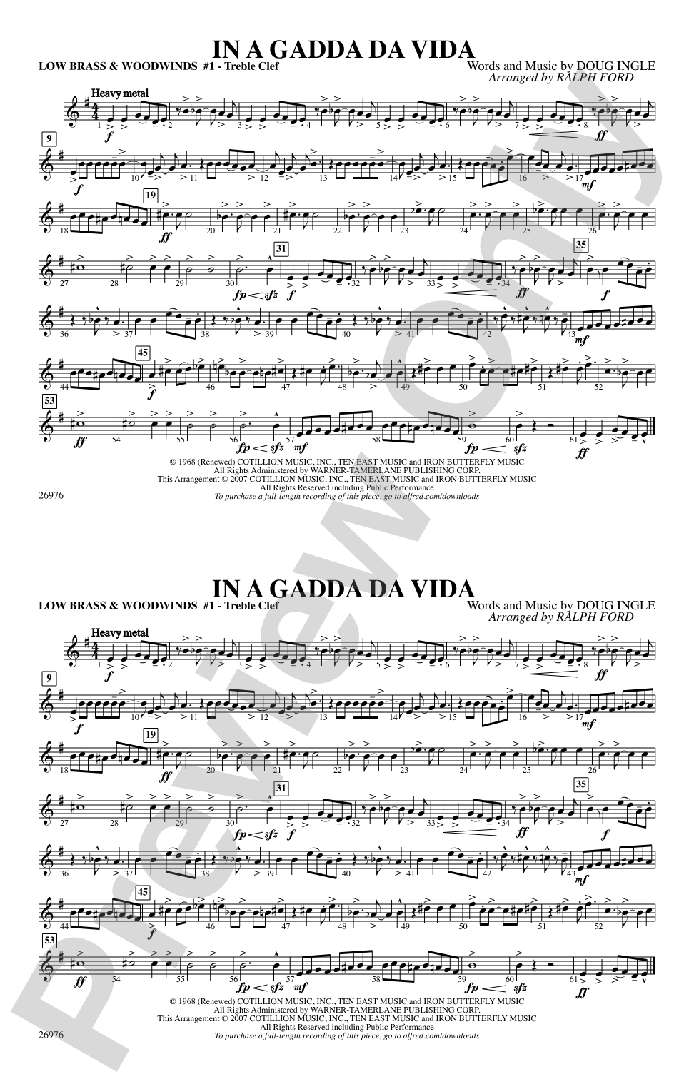 In A Gadda Da Vida: Low Brass & Woodwinds #1 - Treble Clef