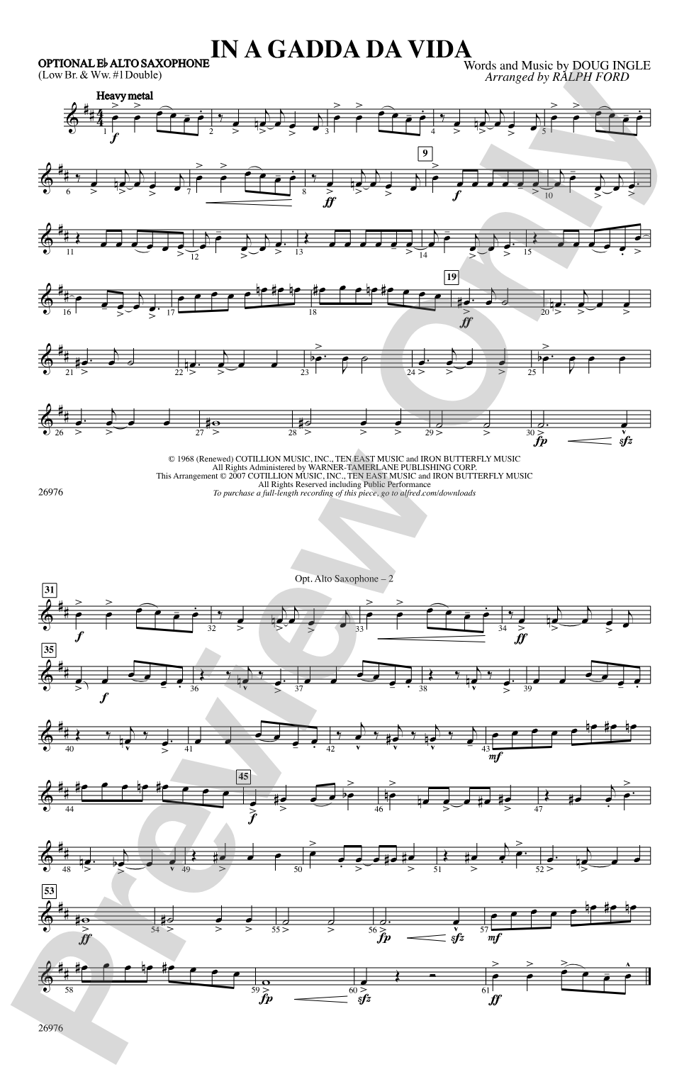 In A Gadda Da Vida: Optional Alto Sax