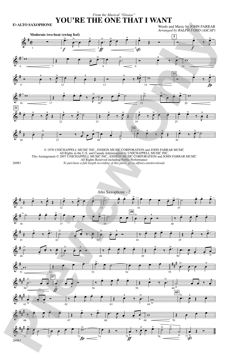 You're the One That I Want (from the musical Grease): E-flat Alto Saxophone