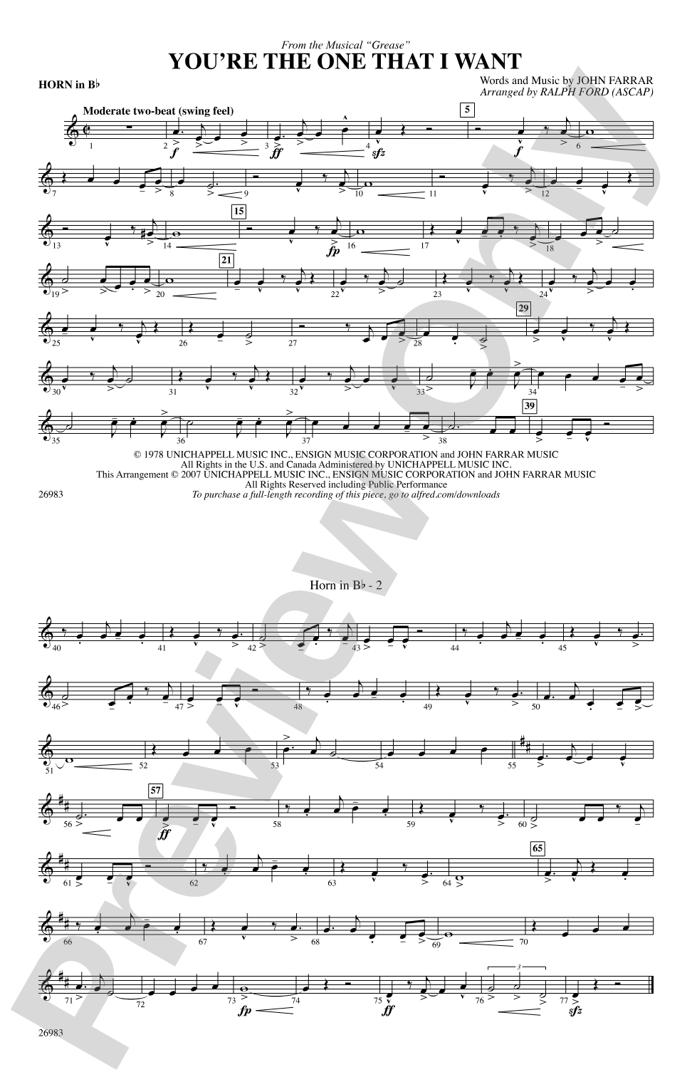 You're the One That I Want (from the musical Grease): Horn in B flat