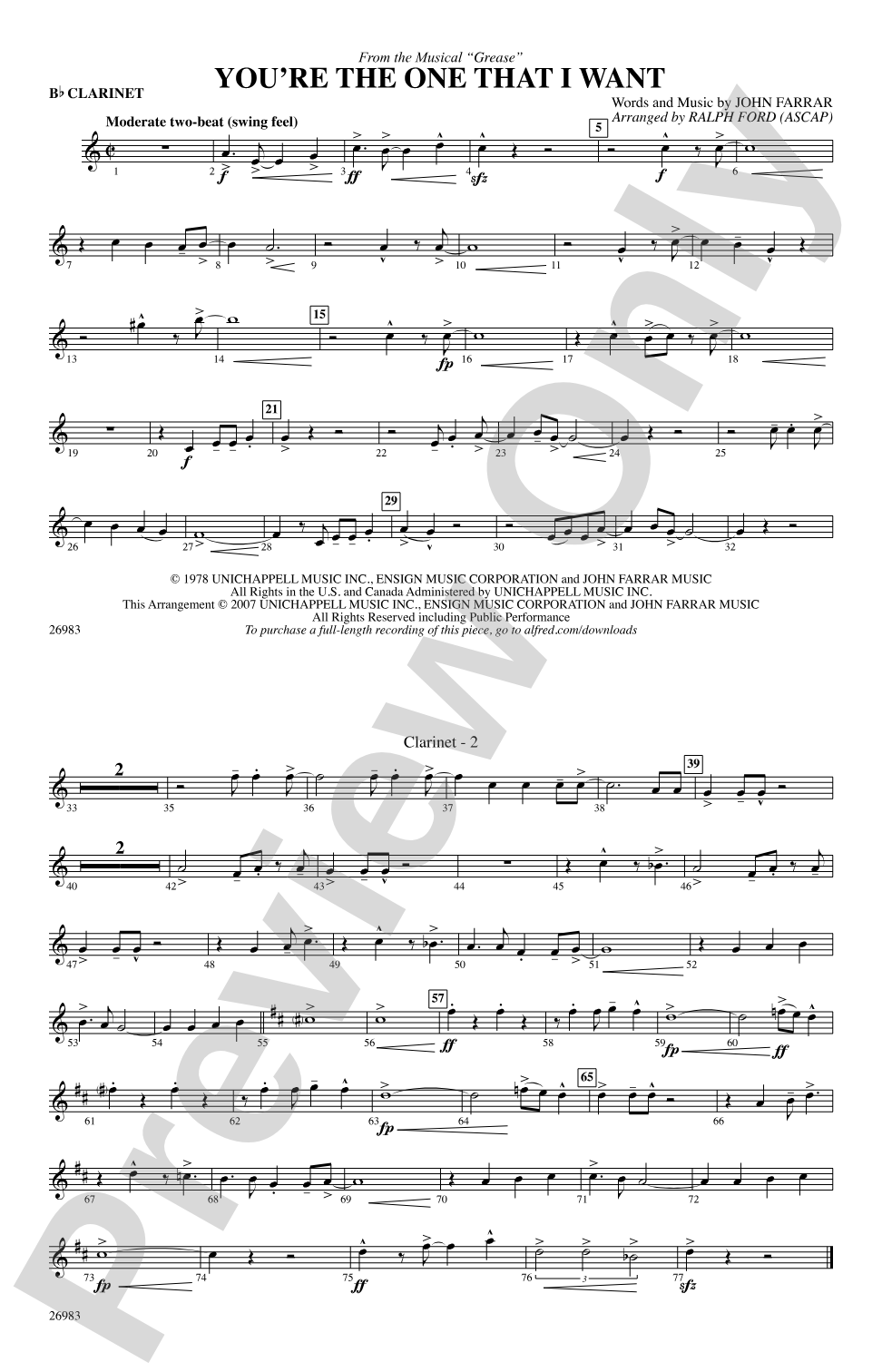 You're the One That I Want (from the musical Grease): 1st B-flat Clarinet