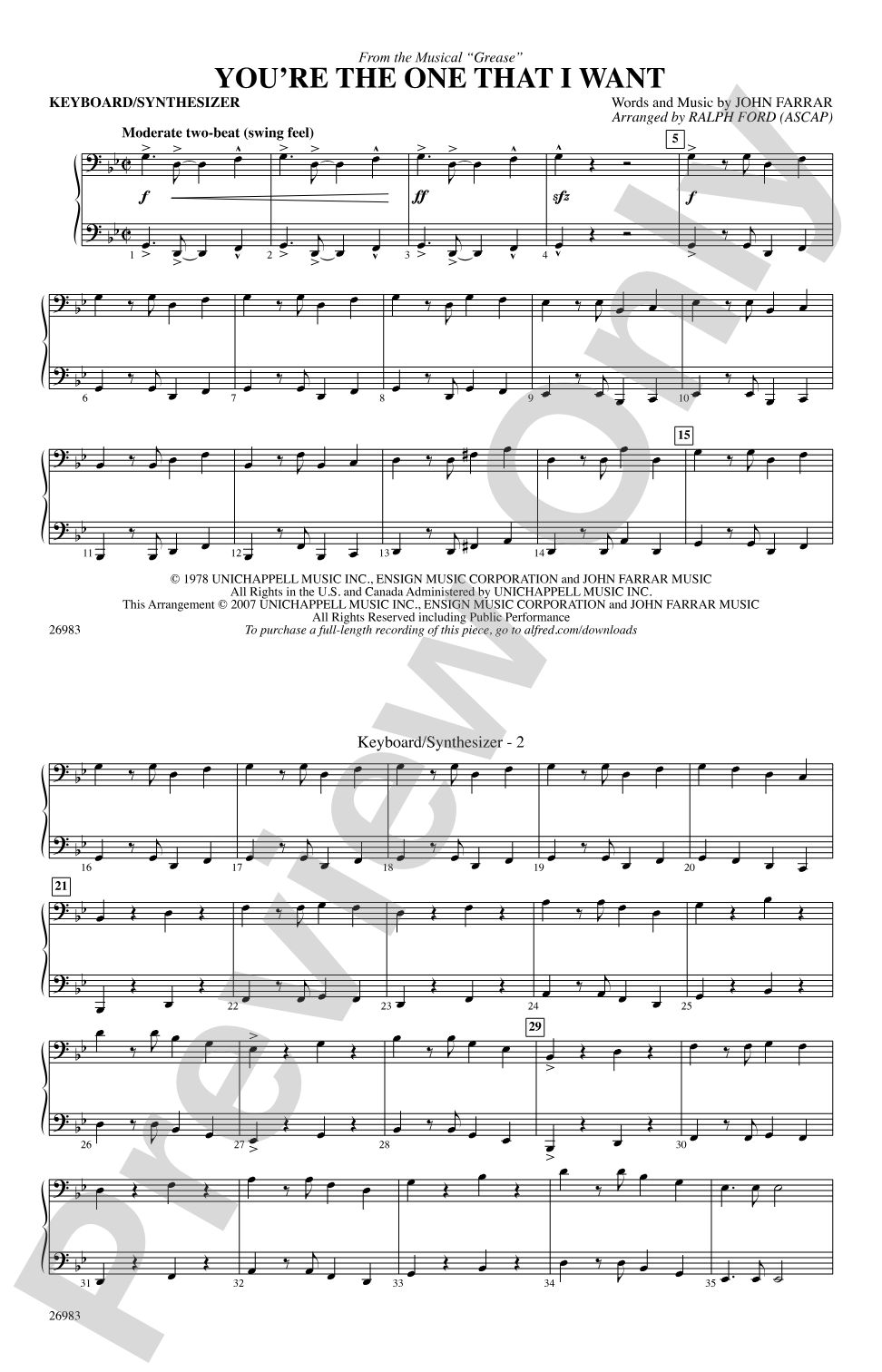 You're the One That I Want (from the musical Grease): Keyboard/Synthesizer