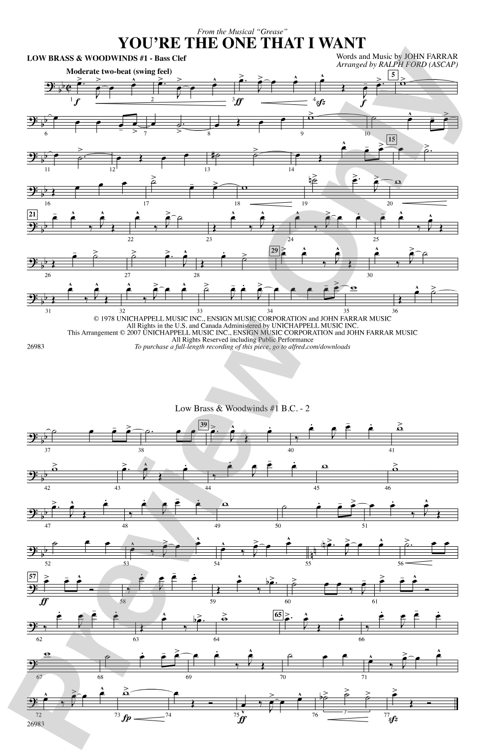You're the One That I Want (from the musical Grease): Low Brass & Woodwinds #1 - Bass Clef