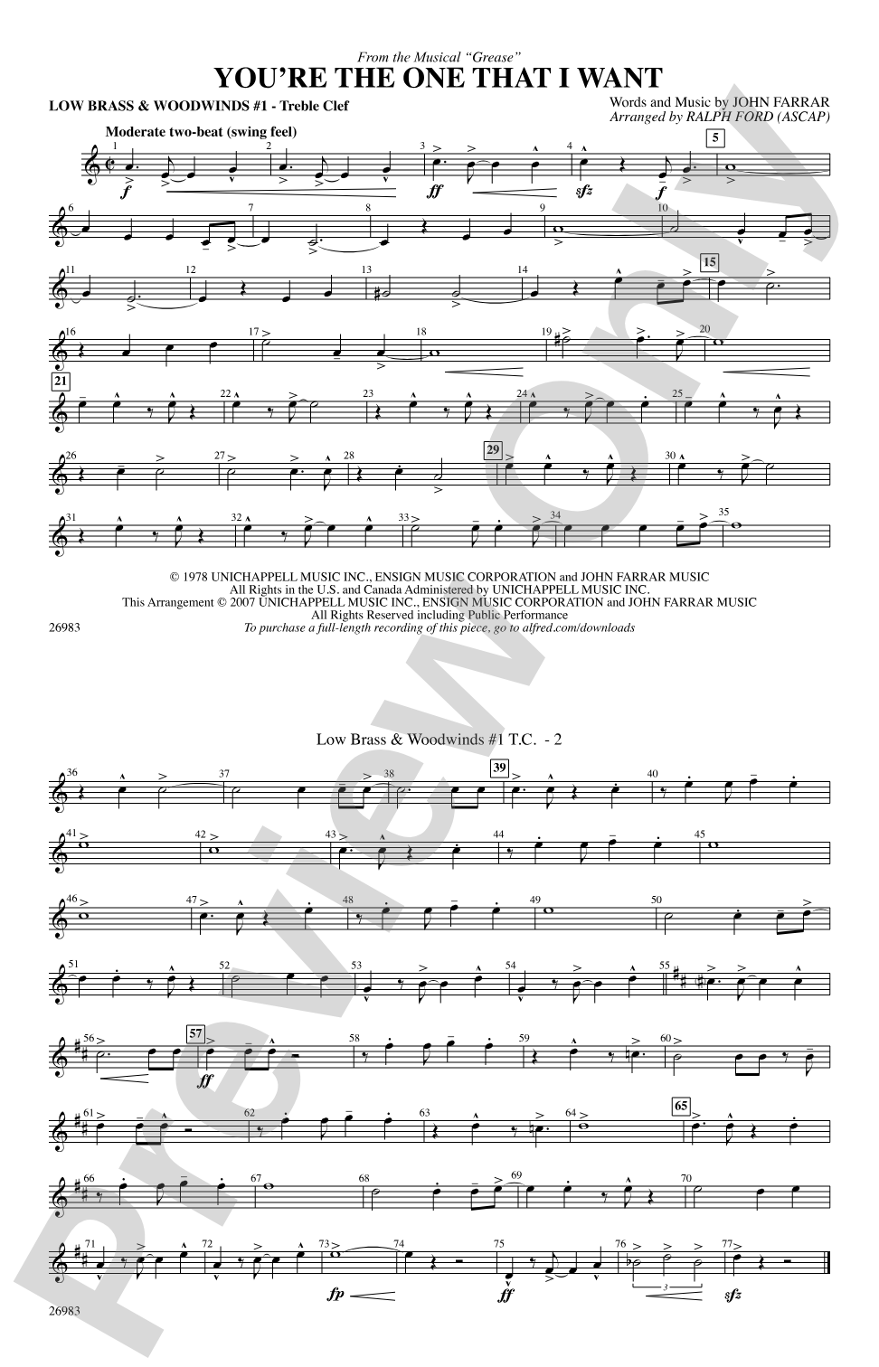 You're the One That I Want (from the musical Grease): Low Brass & Woodwinds #1 - Treble Clef