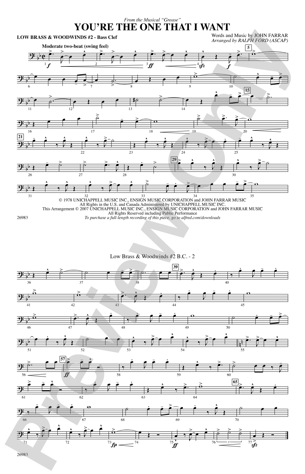 You're the One That I Want (from the musical Grease): Low Brass & Woodwinds #2 - Bass Clef