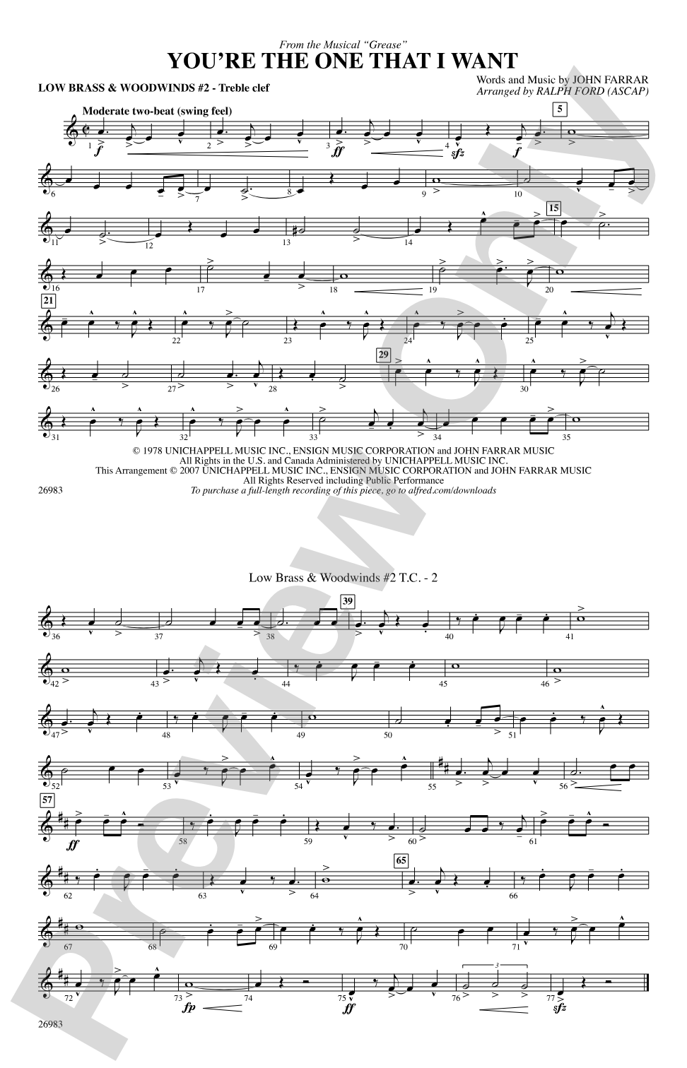 You're the One That I Want (from the musical Grease): Low Brass & Woodwinds #2 - Treble Clef