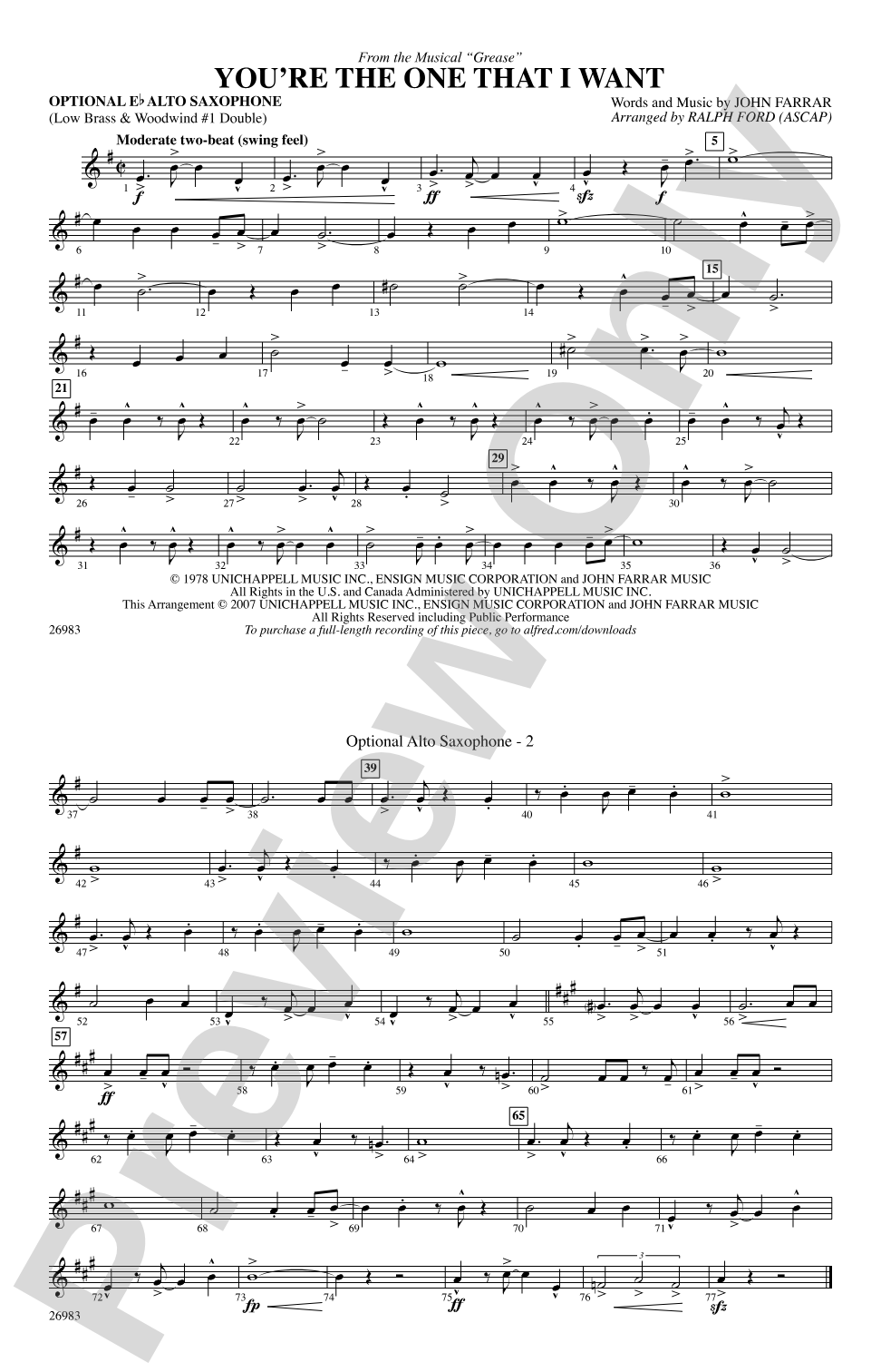 You're the One That I Want (from the musical Grease): Optional Alto Sax