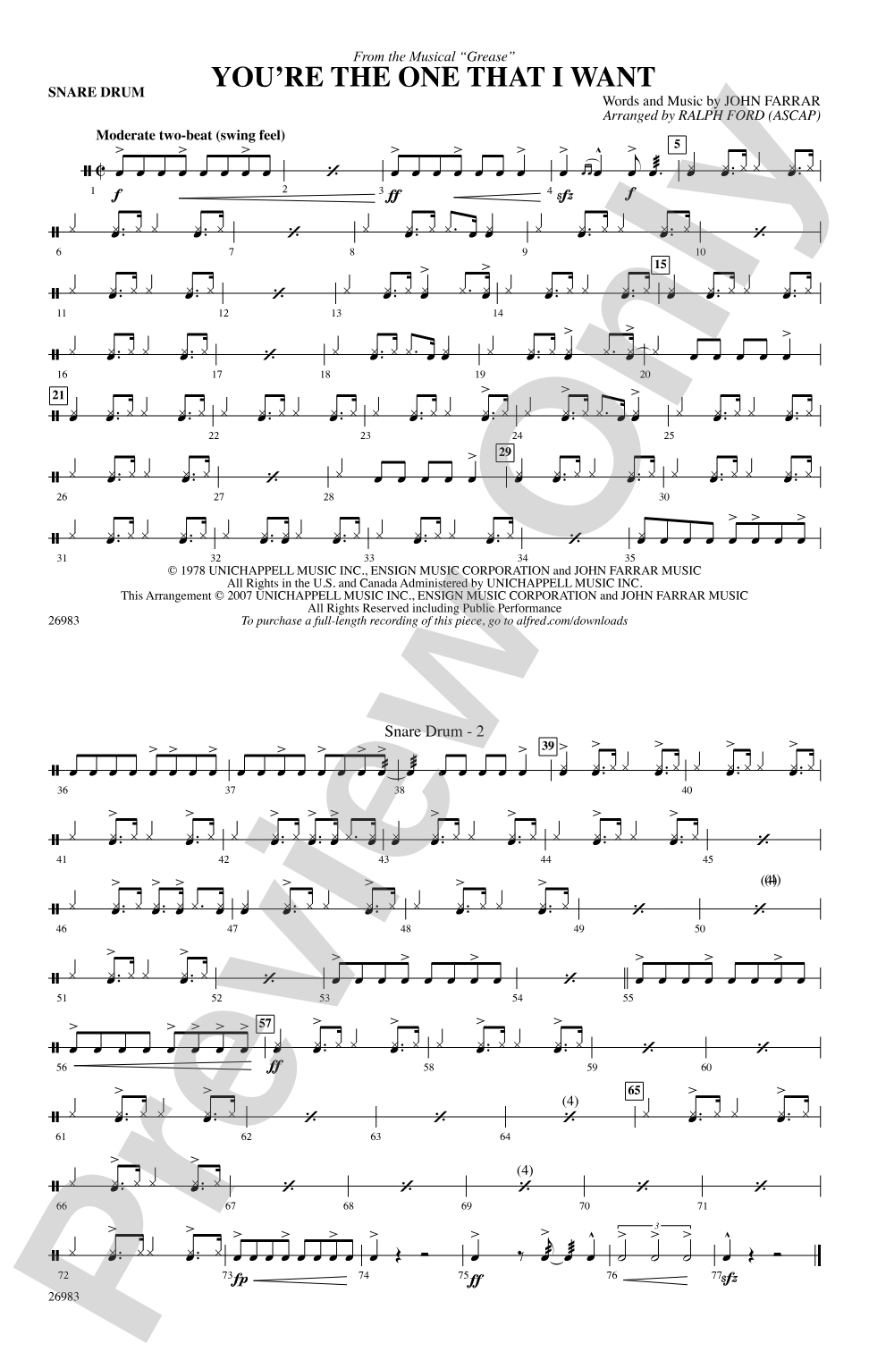 You're the One That I Want (from the musical Grease): Snare Drum