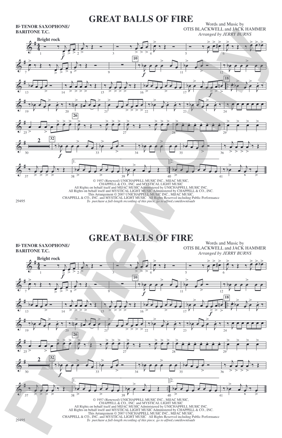 Great Balls of Fire: Bb Tenor Saxophone/Bartione Treble Clef