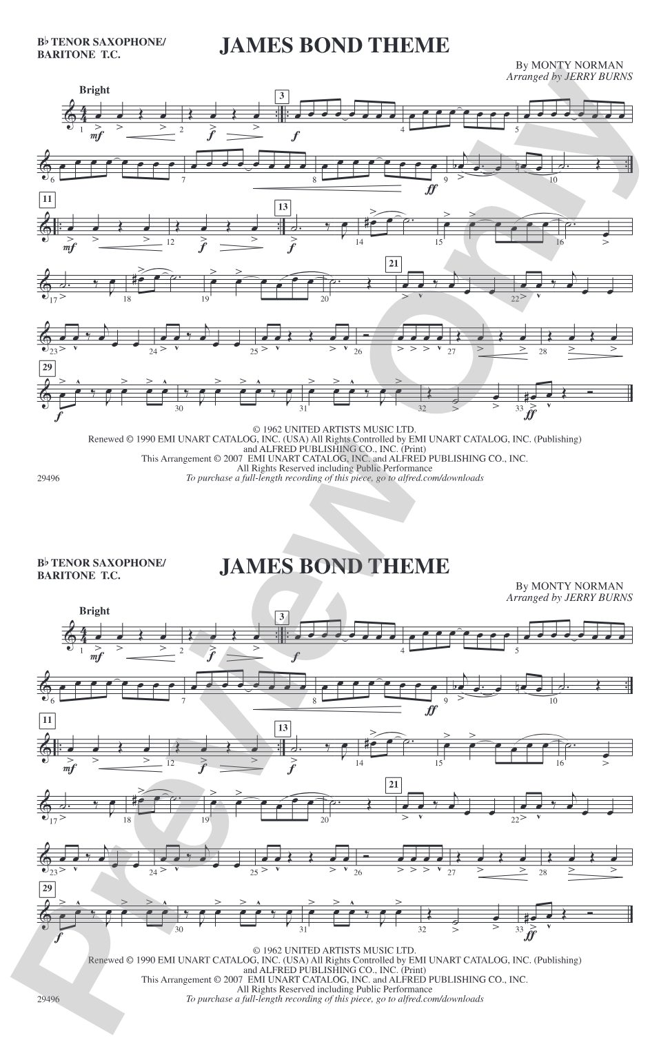 James Bond Theme: Bb Tenor Saxophone/Bartione Treble Clef
