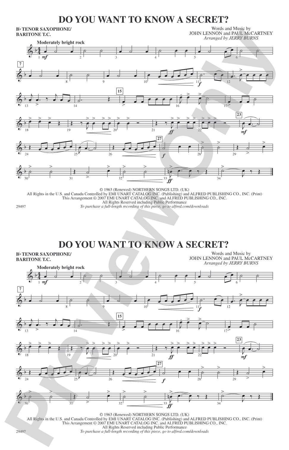 Do You Want to Know a Secret?: Bb Tenor Saxophone/Bartione Treble Clef