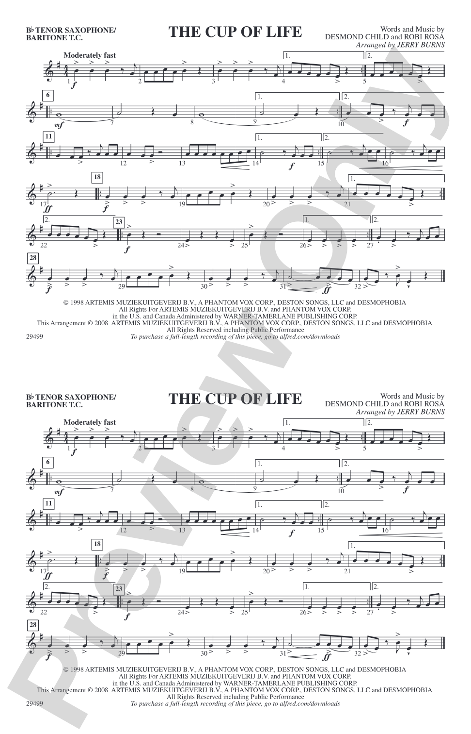 The Cup of Life: Bb Tenor Saxophone/Bartione Treble Clef
