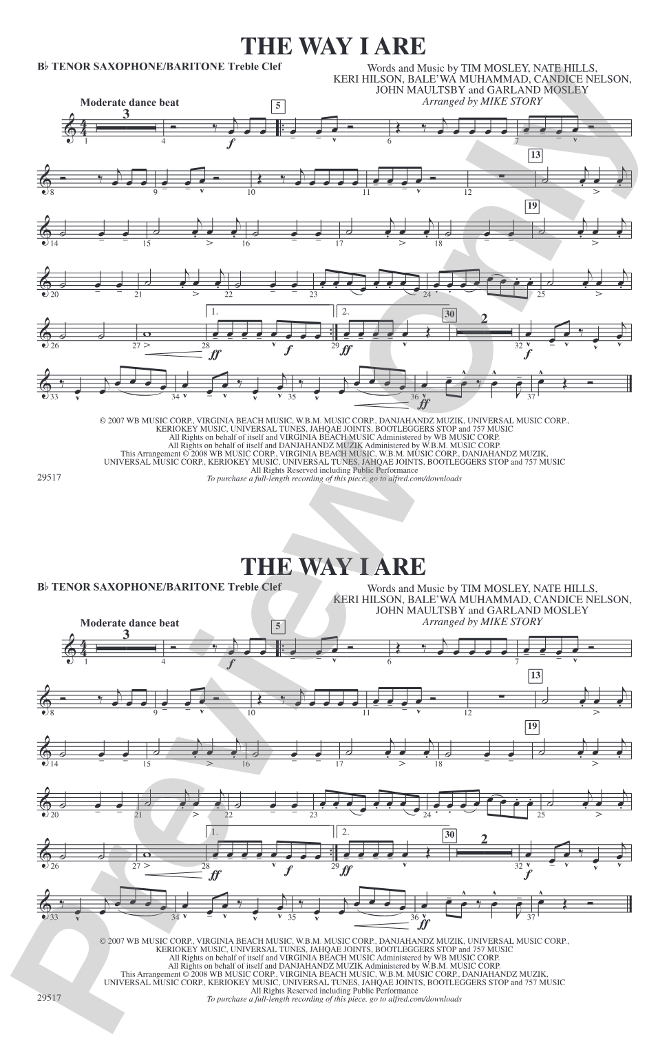 The Way I Are: Bb Tenor Saxophone/Bartione Treble Clef