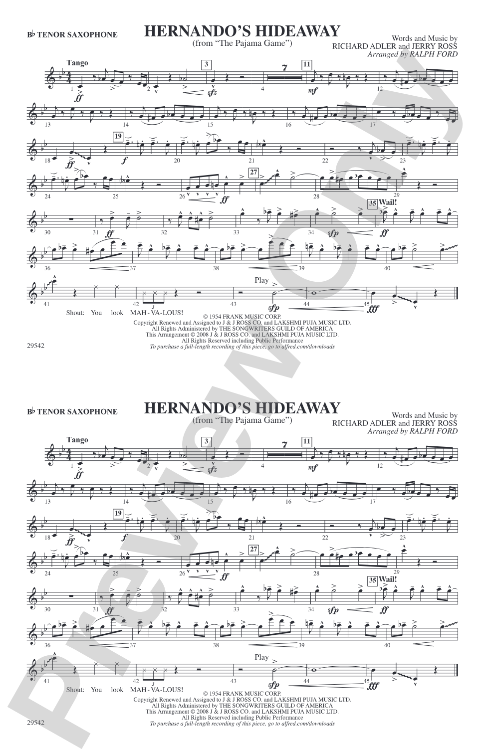 Hernando's Hideaway: B-flat Tenor Saxophone
