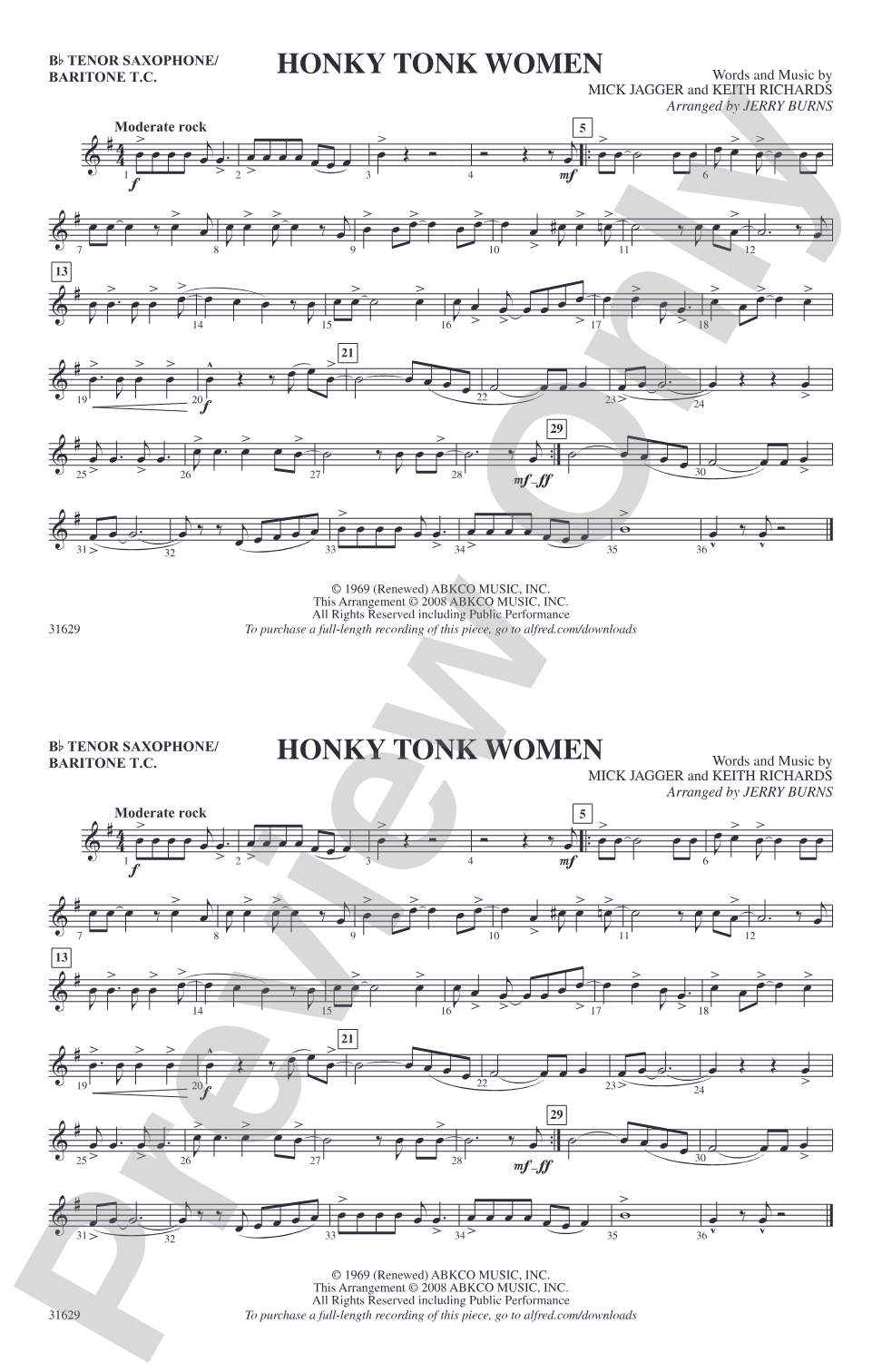 Honky Tonk Women: Bb Tenor Saxophone/Bartione Treble Clef
