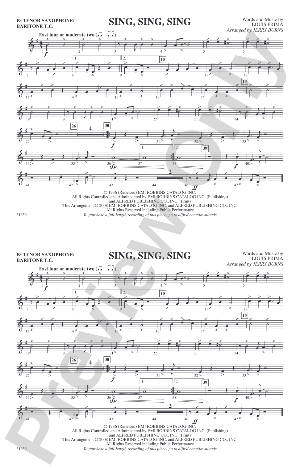 Sing, Sing, Sing: Bb Tenor Saxophone/Bartione Treble Clef