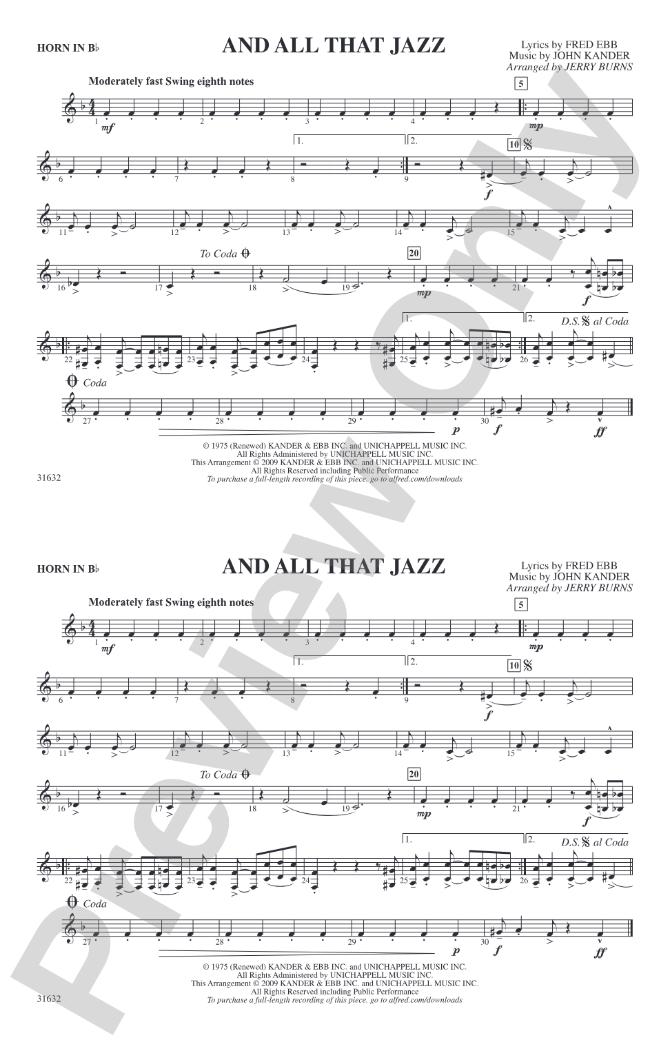 And All That Jazz (from Chicago): Horn in B flat