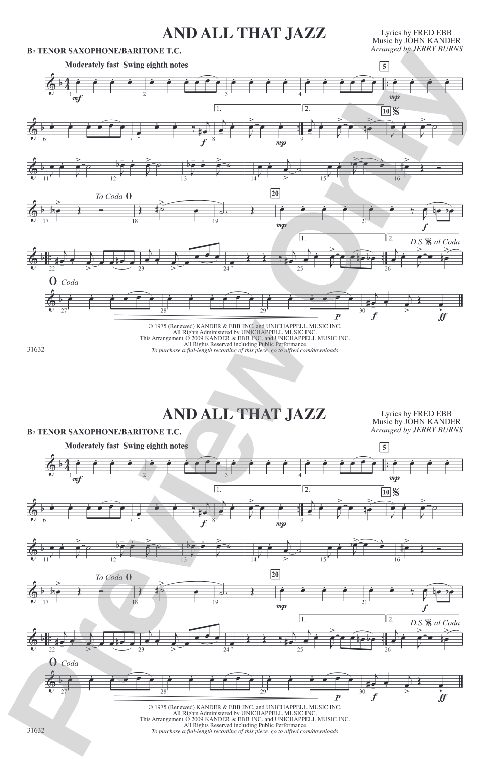 And All That Jazz (from Chicago): Bb Tenor Saxophone/Bartione Treble Clef