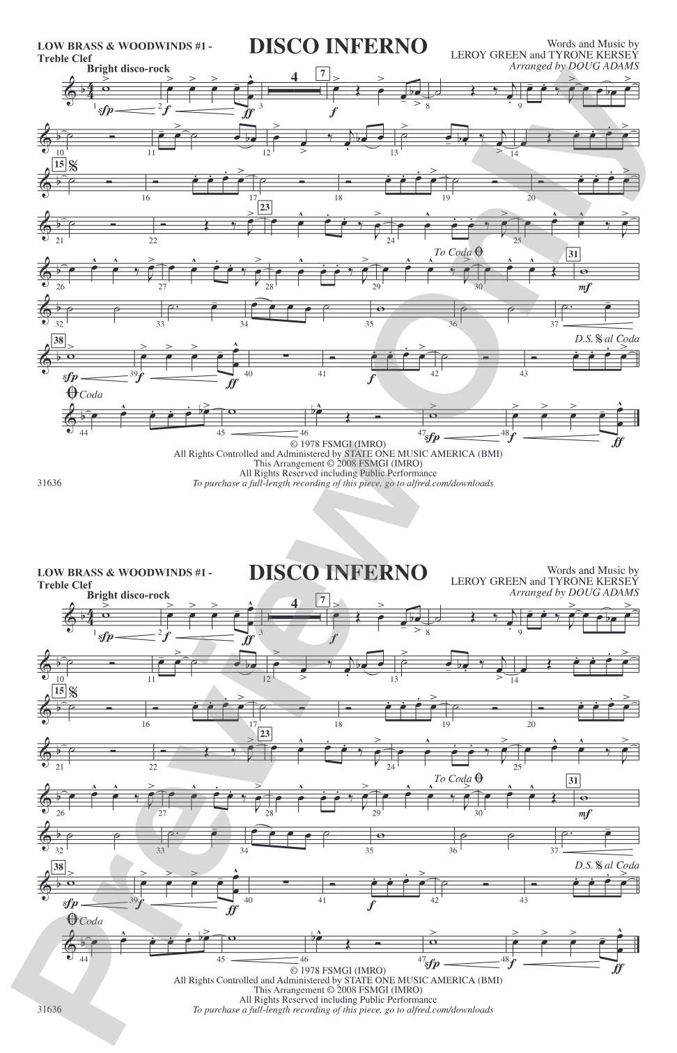 Disco Inferno: Low Brass & Woodwinds #1 - Treble Clef
