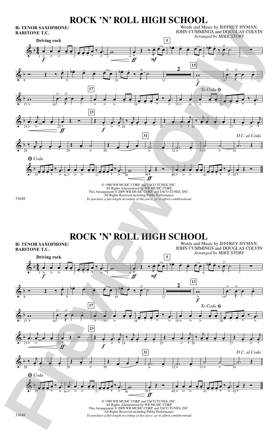Rock 'N' Roll High School: Bb Tenor Saxophone/Bartione Treble Clef