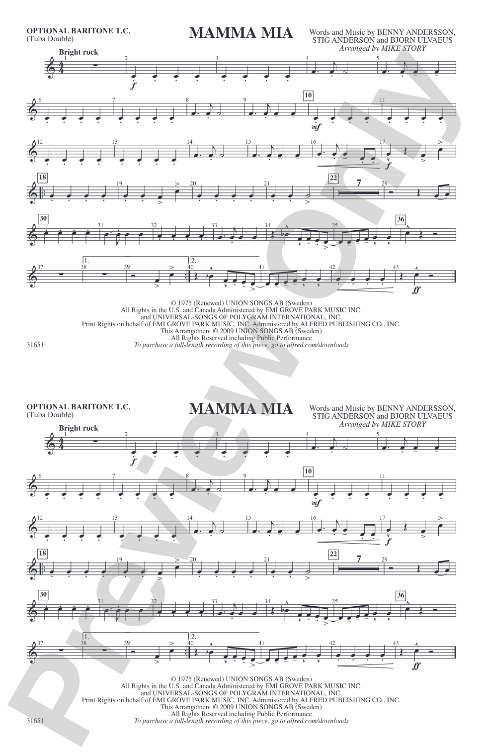 Mamma Mia: Optional Baritone T.C. (Tuba Double)
