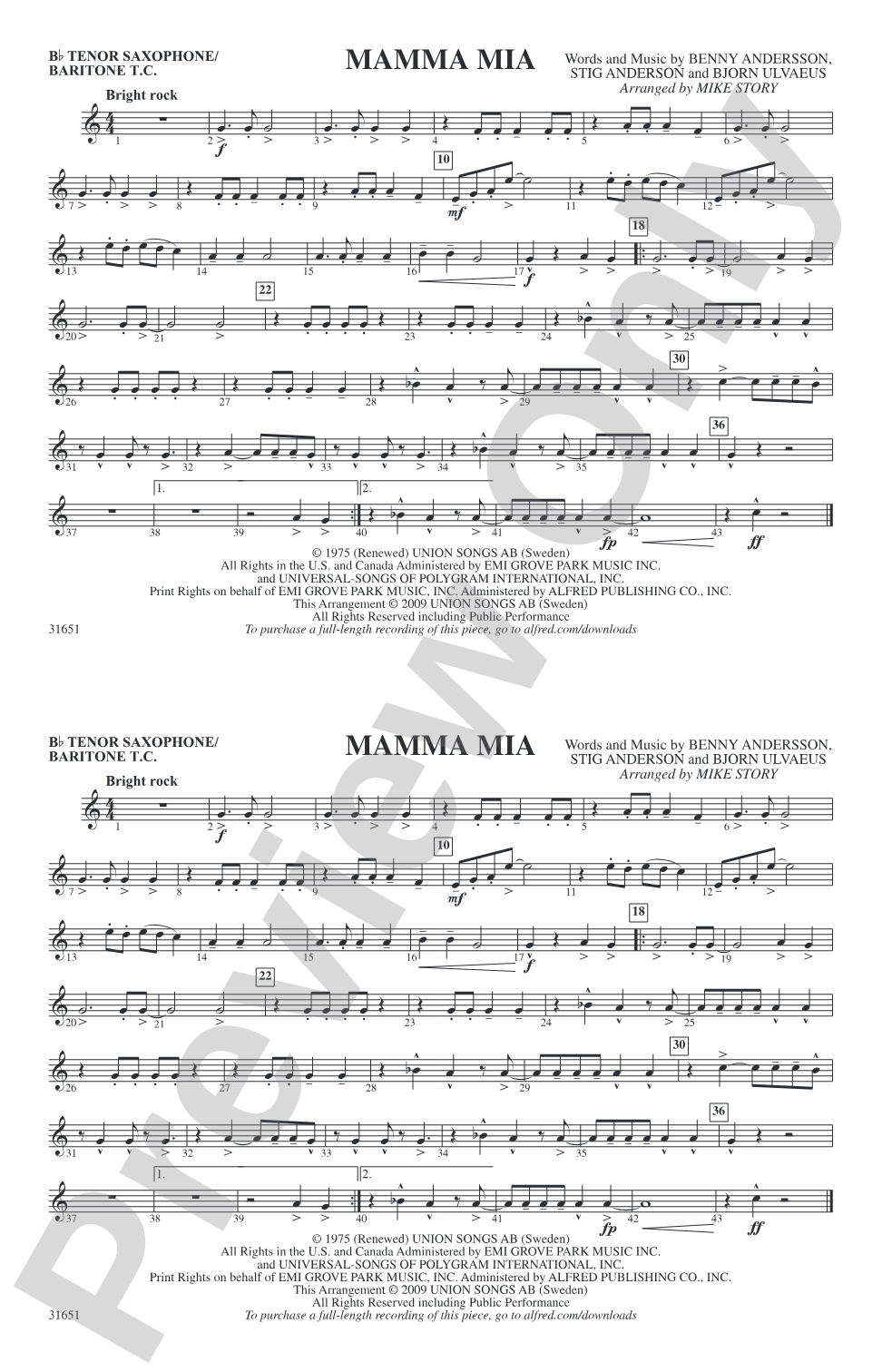 Mamma Mia: Bb Tenor Saxophone/Bartione Treble Clef