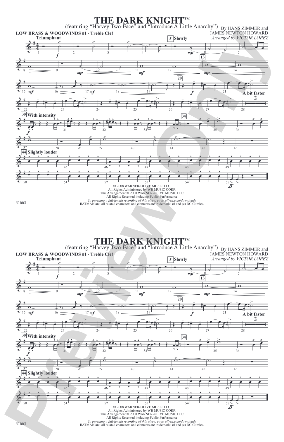 The Dark Knight: Low Brass & Woodwinds #1 - Treble Clef