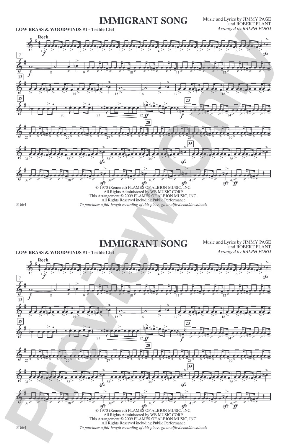 Immigrant Song: Low Brass & Woodwinds #1 - Treble Clef