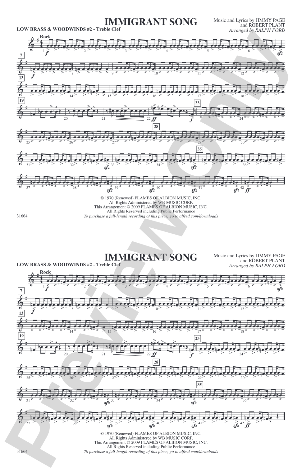 Immigrant Song: Low Brass & Woodwinds #2 - Treble Clef