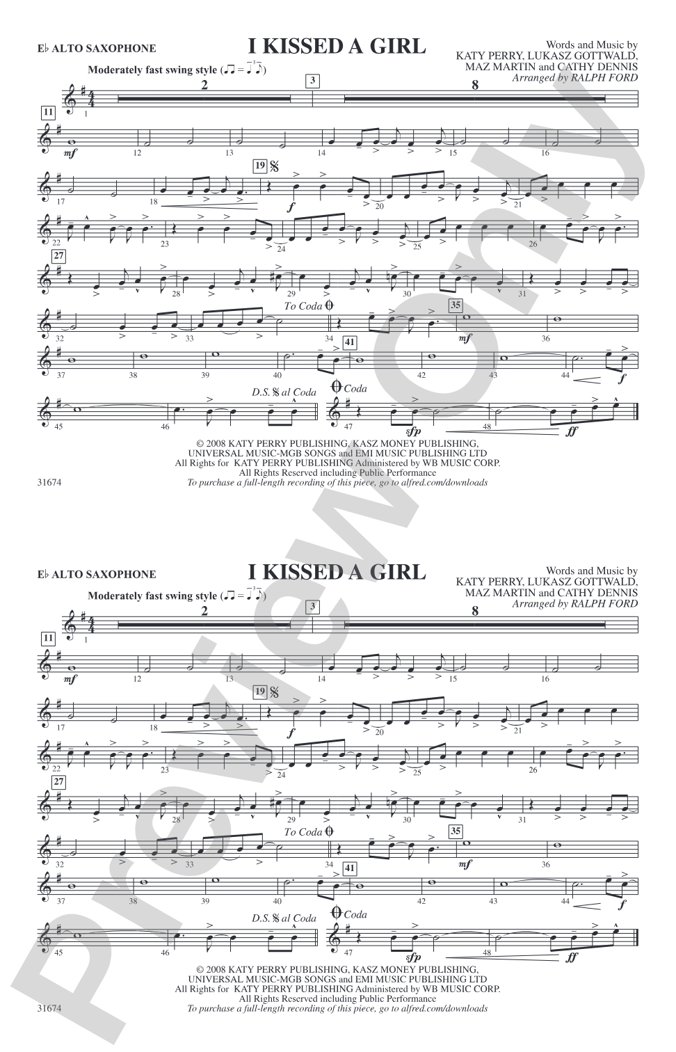 I Kissed a Girl: E-flat Alto Saxophone