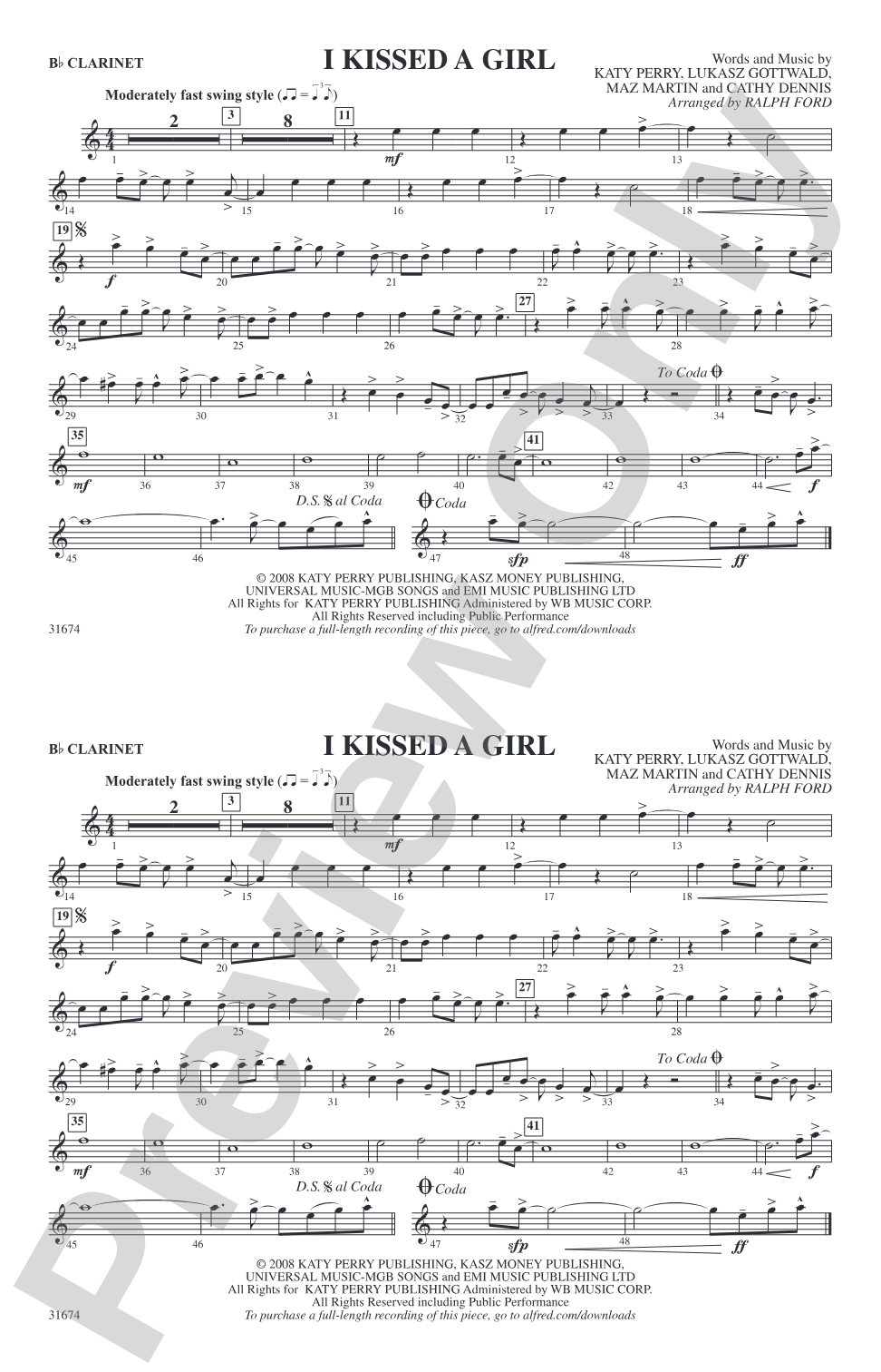 I Kissed a Girl: 1st B-flat Clarinet