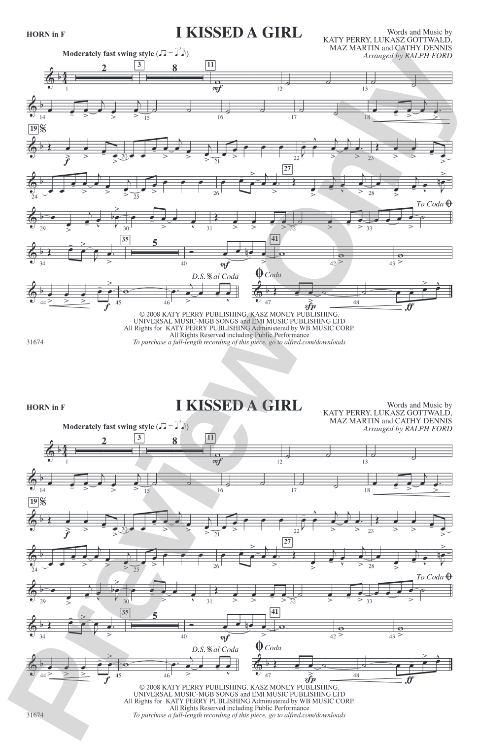 I Kissed a Girl: 1st F Horn