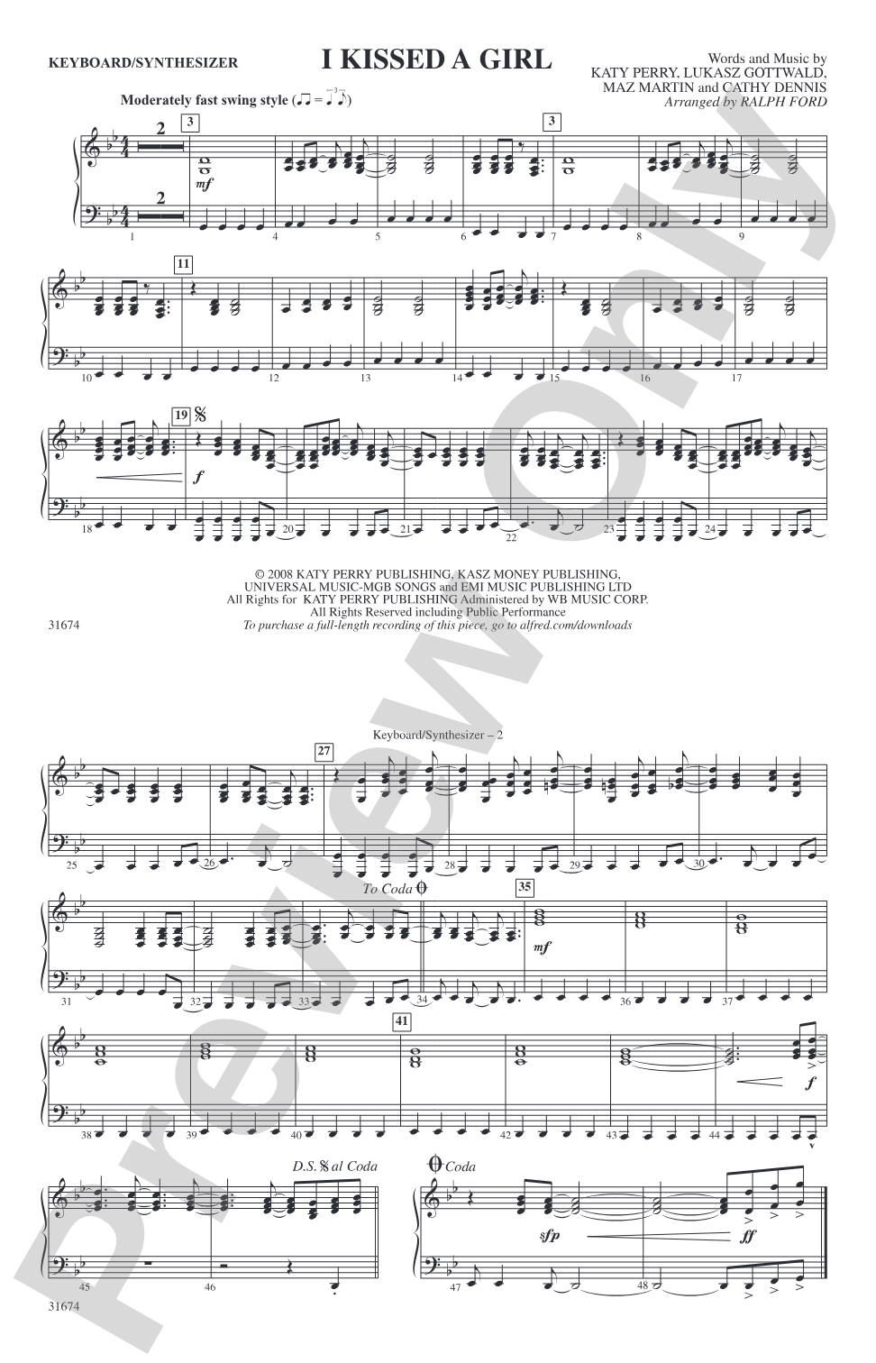 I Kissed a Girl: Keyboard/Synthesizer