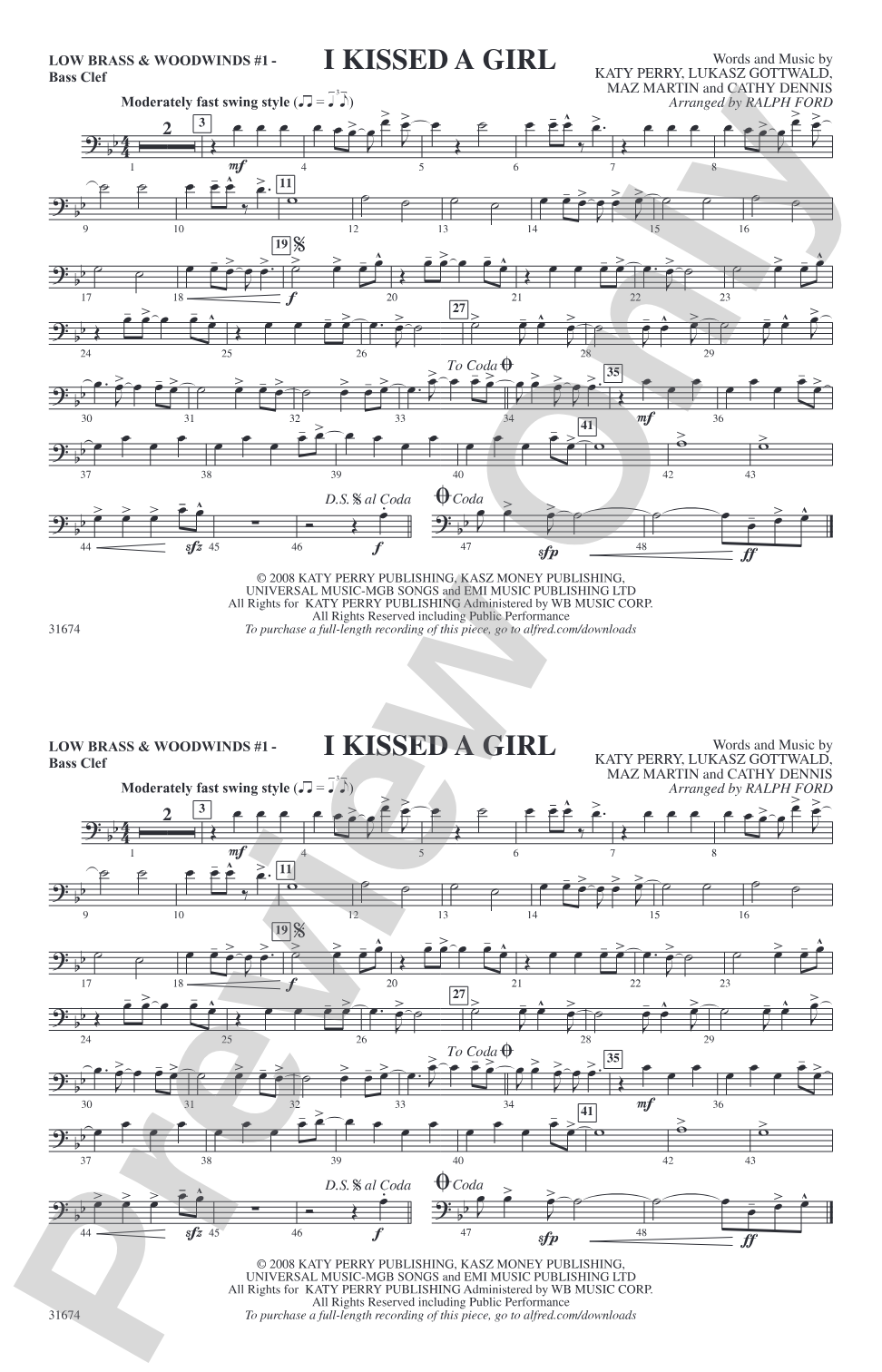 I Kissed a Girl: Low Brass & Woodwinds #1 - Bass Clef