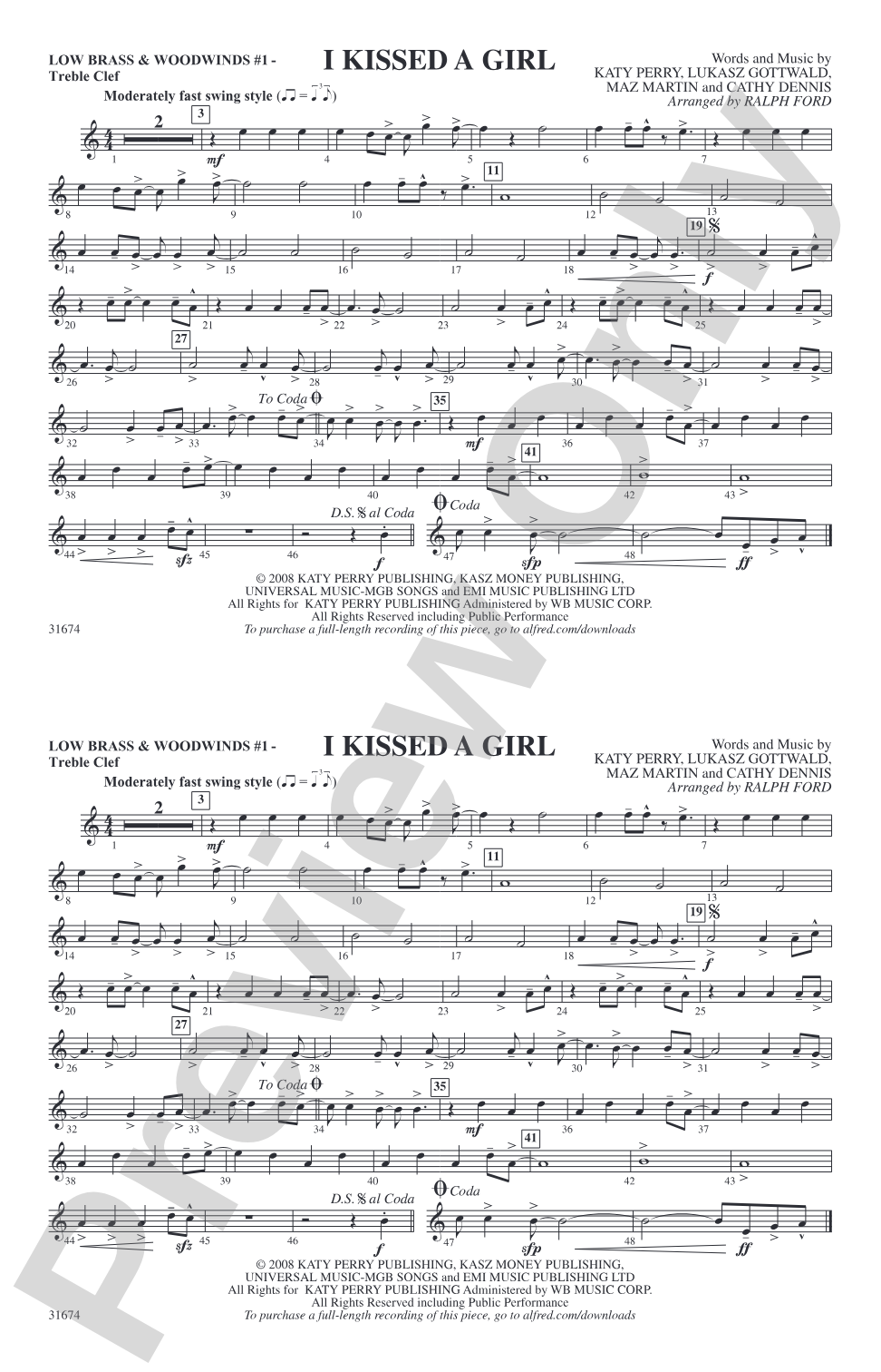 I Kissed a Girl: Low Brass & Woodwinds #1 - Treble Clef