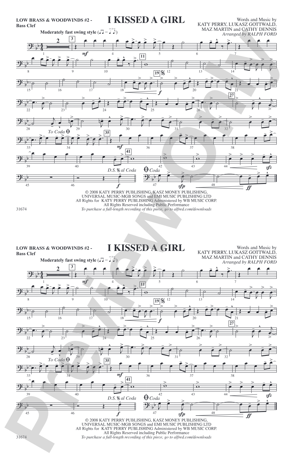 I Kissed a Girl: Low Brass & Woodwinds #2 - Bass Clef