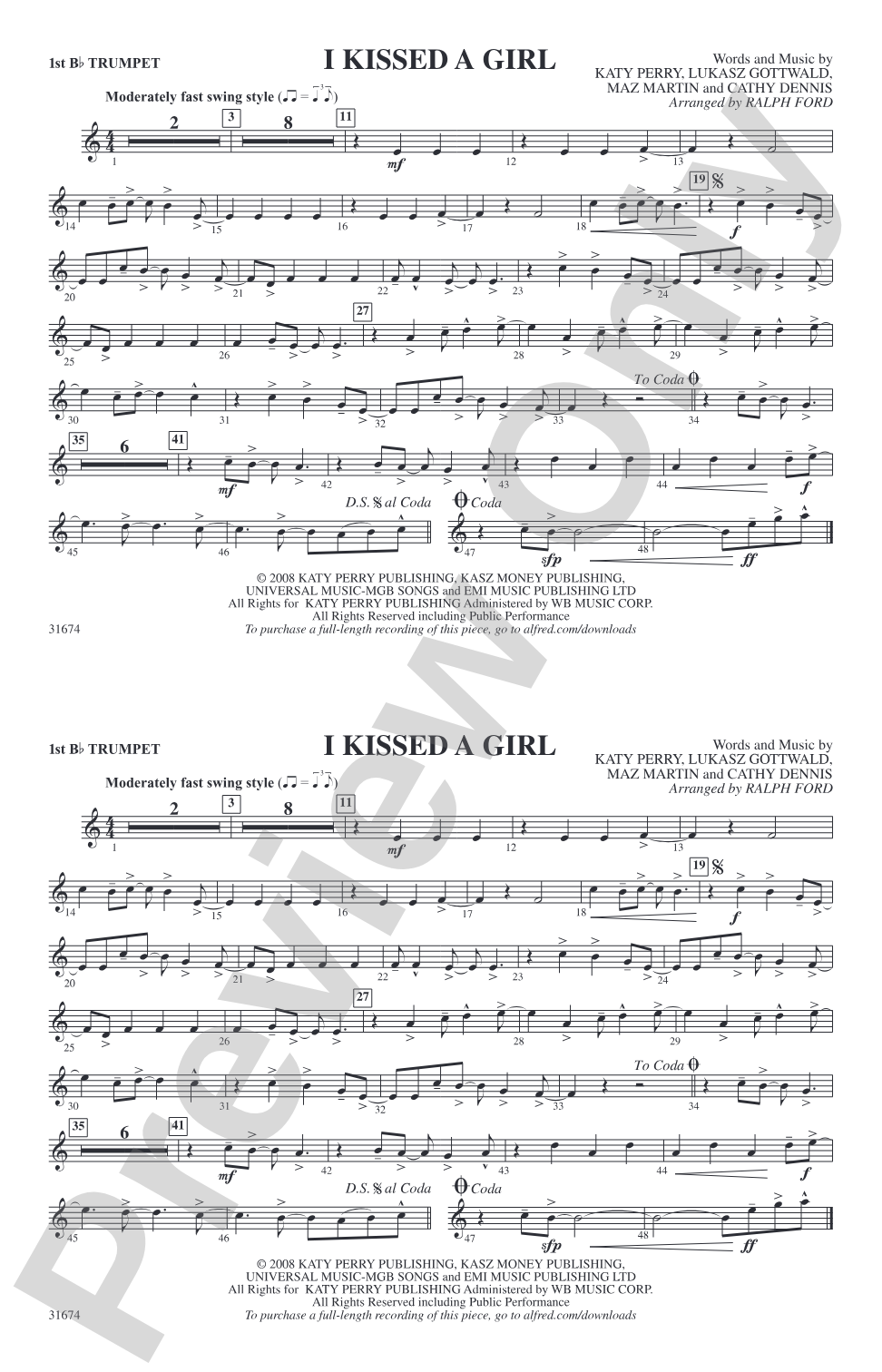 I Kissed a Girl: 1st B-flat Trumpet
