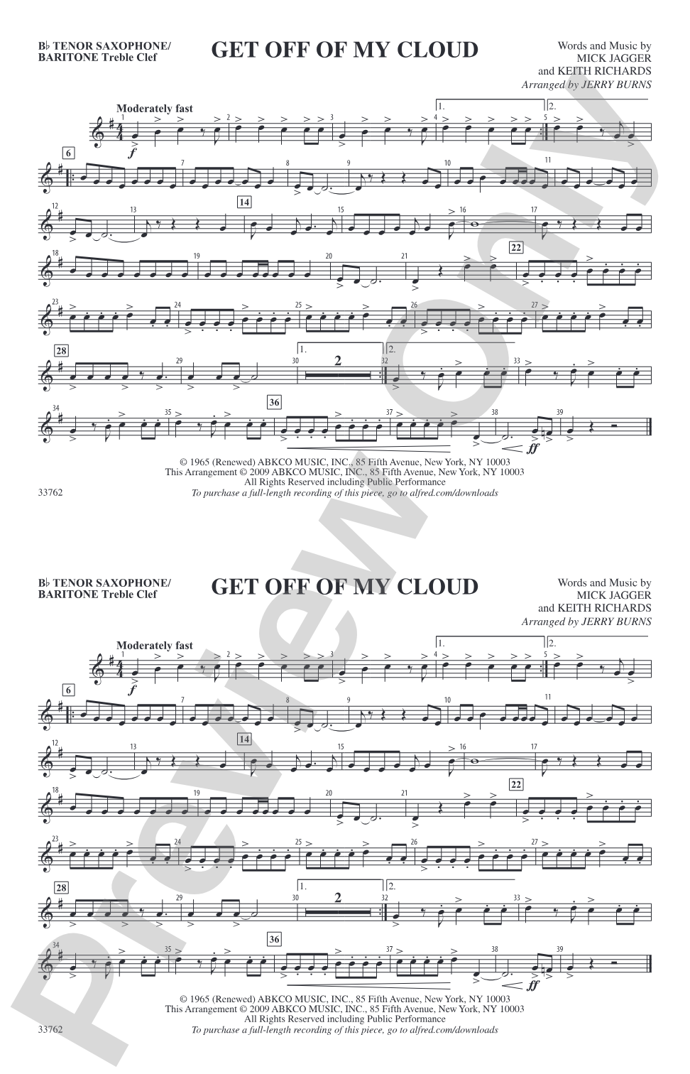 Get Off of My Cloud: Bb Tenor Saxophone/Bartione Treble Clef