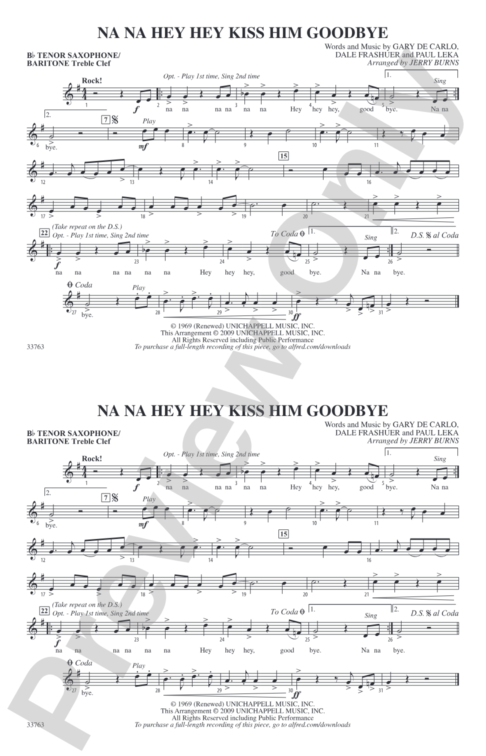 Na Na Hey Hey Kiss Him Goodbye: Bb Tenor Saxophone/Bartione Treble Clef