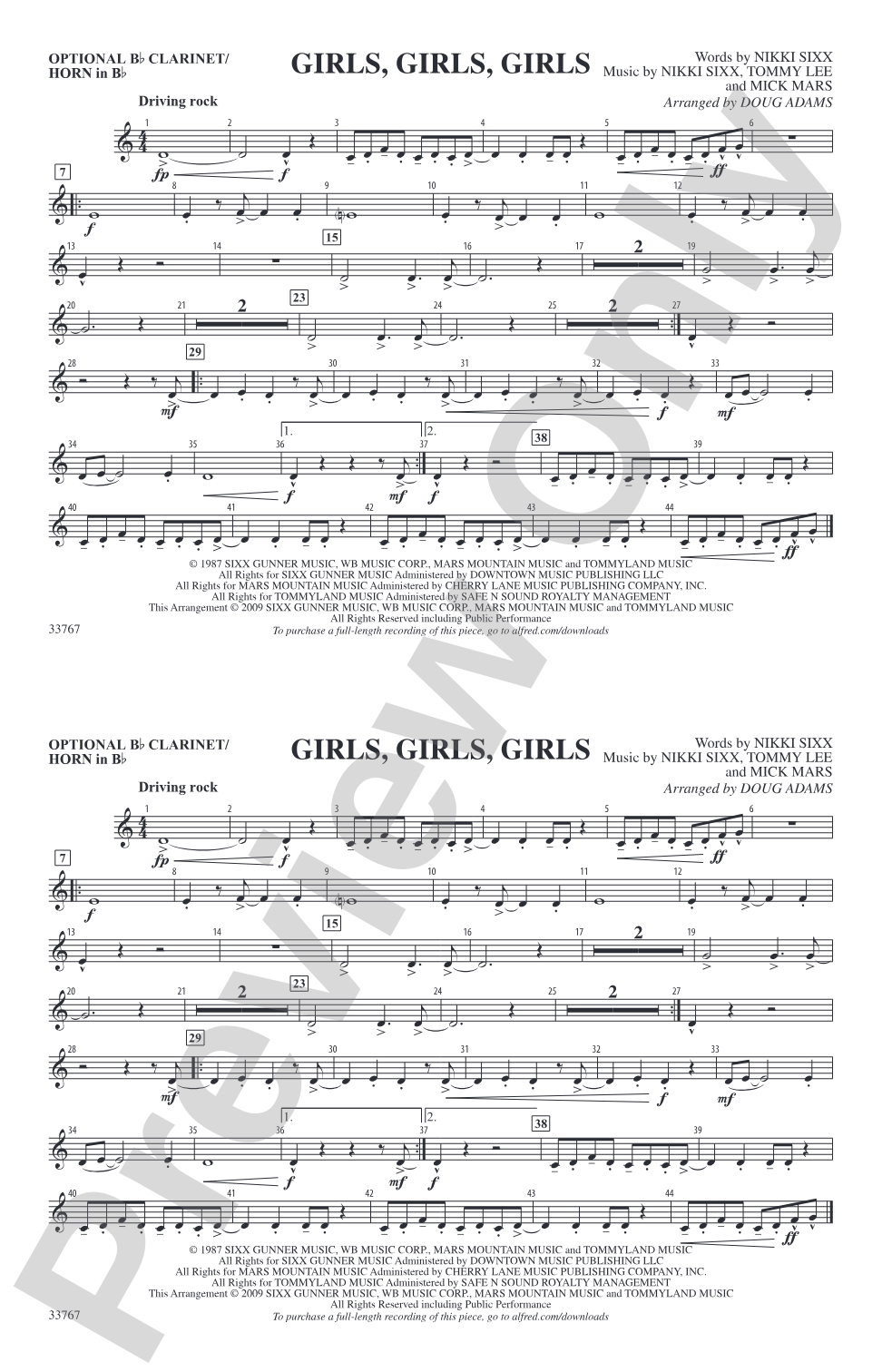 Girls, Girls, Girls: Optional Bb Clarinet/Horn in Bb