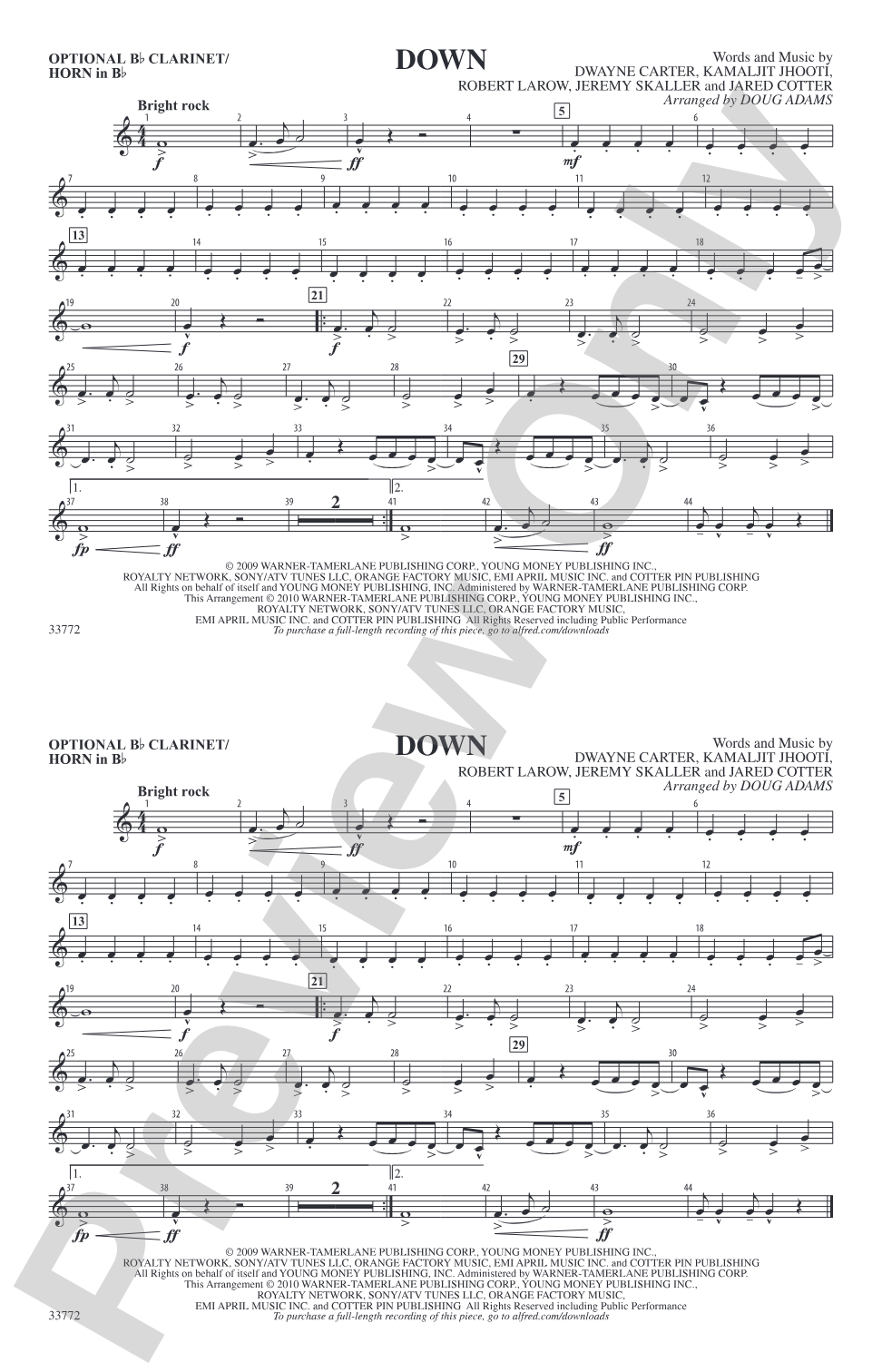 Down: Optional Bb Clarinet/Horn in Bb