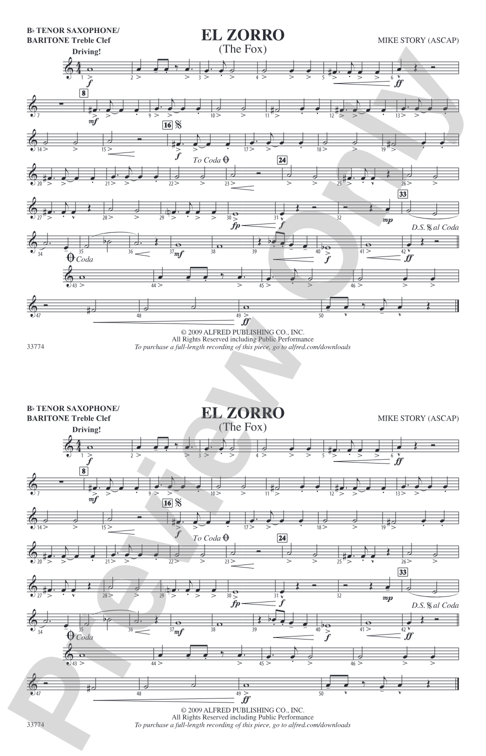 El Zorro: Bb Tenor Saxophone/Bartione Treble Clef