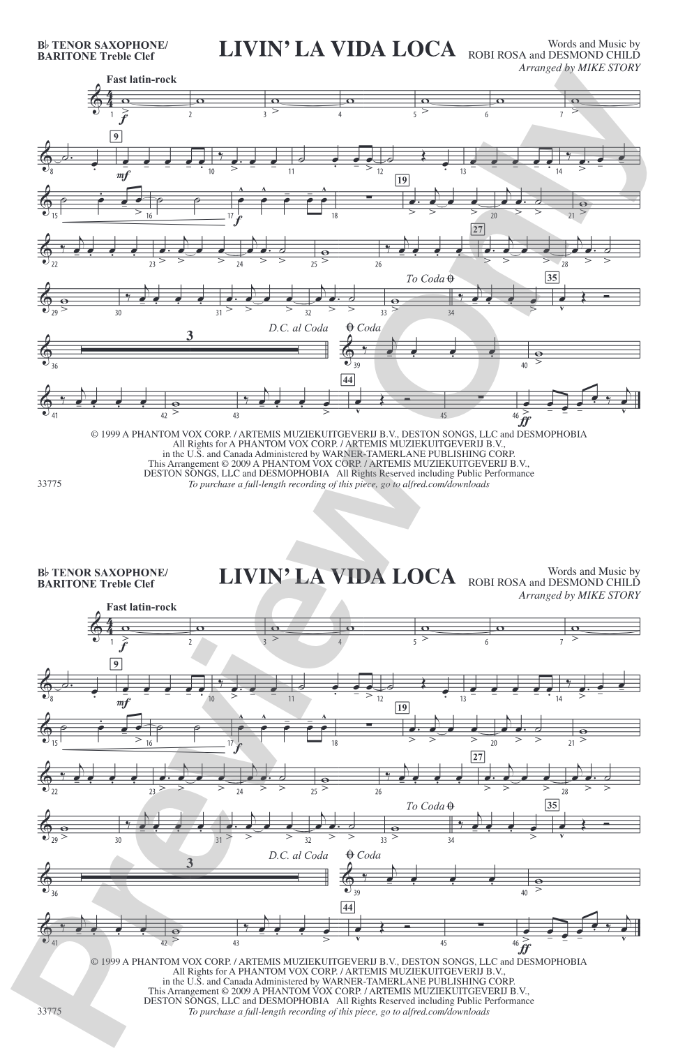 Livin' la Vida Loca: Bb Tenor Saxophone/Bartione Treble Clef