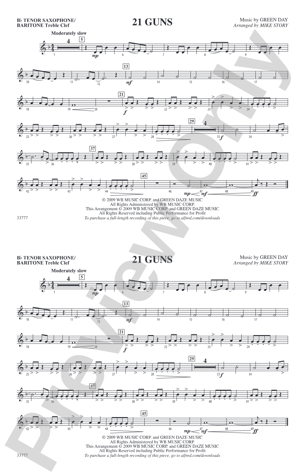 21 Guns: Bb Tenor Saxophone/Bartione Treble Clef