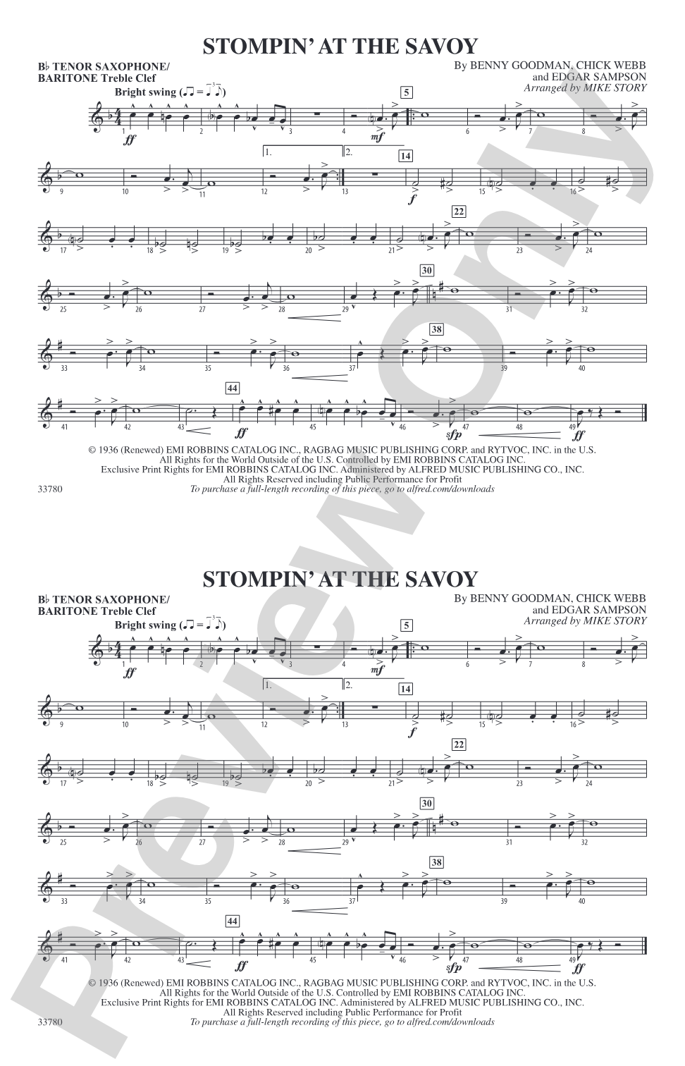 Stompin' at the Savoy: Bb Tenor Saxophone/Bartione Treble Clef