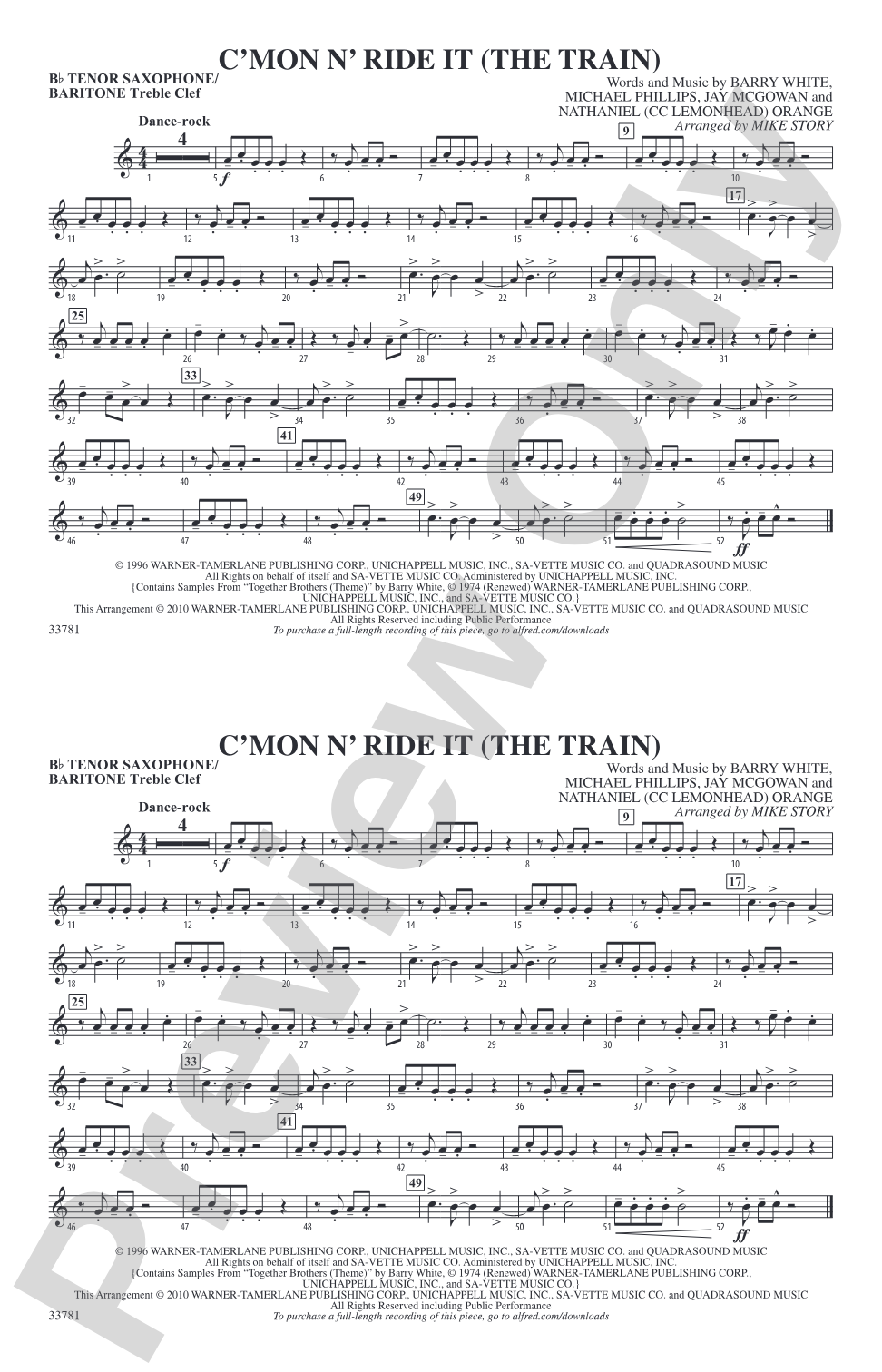 C'mon n' Ride It (The Train): Bb Tenor Saxophone/Bartione Treble Clef