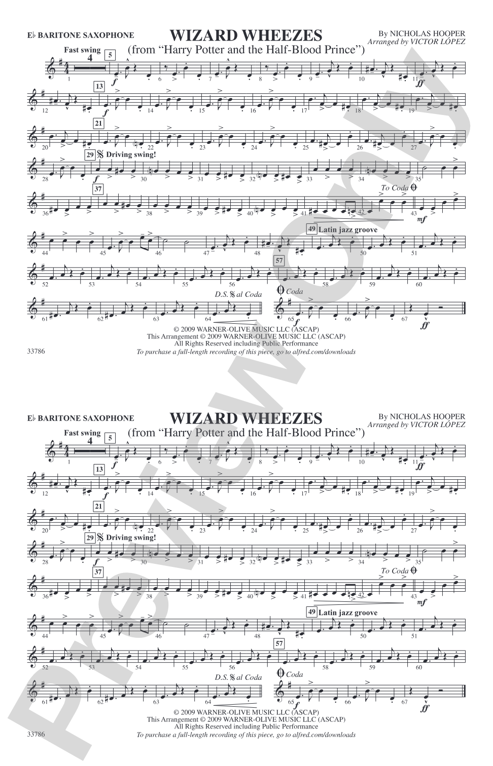 Wizard Wheezes (from Harry Potter and the Half-Blood Prince): E-flat Baritone Saxophone