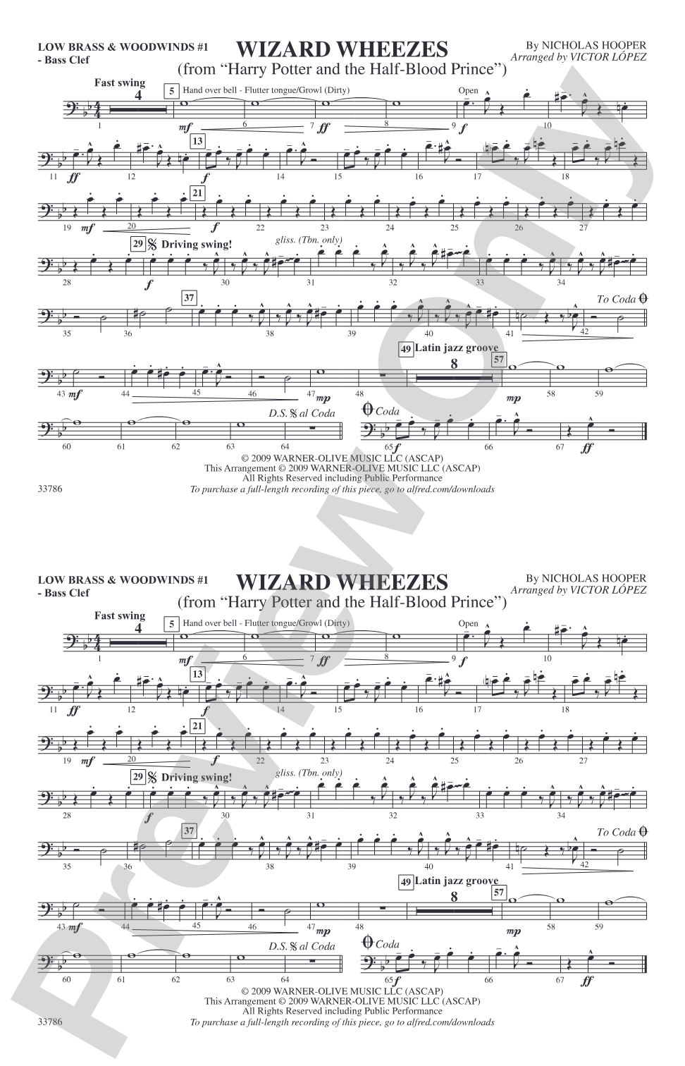 Wizard Wheezes (from Harry Potter and the Half-Blood Prince): Low Brass & Woodwinds #1 - Bass Clef
